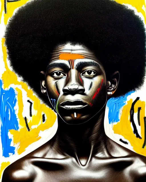 Image similar to A extremely ultra highly detailed majestic hi-res beautiful immaculate head and shoulders award winning painting stunning masterpiece of the face of a strong black african warrior man with an afro by Jean-Michel Basquiat, 8k, high textures, ultra hyper sharp, insanely detailed and intricate, super detailed, 8k HDR ultra high quality