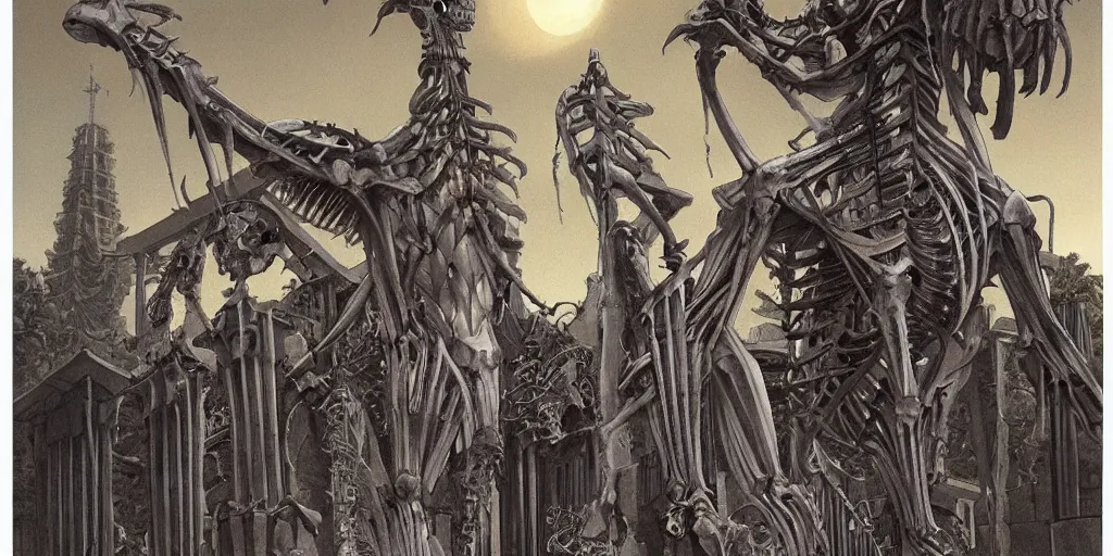 Prompt: Huge monster skeleton, in front of the temple, by Gerald Brom, Japanese Torii Gate