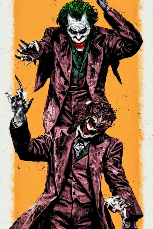 Image similar to Willem Dafoe as the Joker on a 1990s horror movie poster , vintage 90s print, detailed, scary, horrifying, screen print, trending on artstation