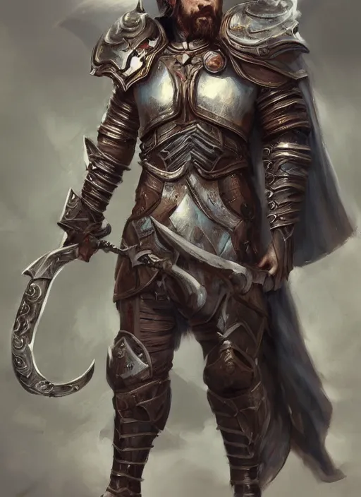 Prompt: gruff human cleric in plate male armor painted by raymond swanland