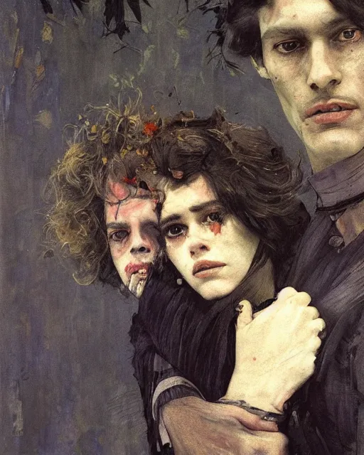 Image similar to two handsome but creepy siblings in layers of fear, with haunted eyes and wild hair, 1 9 7 0 s, seventies, wallpaper, a little blood, moonlight showing injuries, delicate embellishments, painterly, offset printing technique, by coby whitmore, jules bastien - lepage