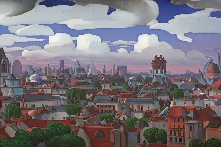 Image similar to view of the old grey city and its gardens after a storm, tall windows lit up, beautiful ornamental architecture, dramatic cinematic lighting, rich colors, by Nicholas Roerich and William Dyce and April Gornik and Sylvain Sarrailh and Ludwig Deutsch and Diego Rivera, featured on artstation