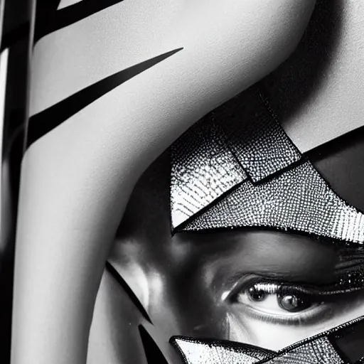 Prompt: close up of the face of a female fashion model in year 3000 in art-deco entrance hall, model wearing a geometric edgy black dress, photography , official versace editorial , highly detailed