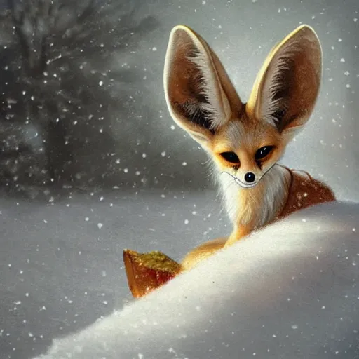 Image similar to Baroque painting of a cute fennec fox in a winter wonderland, artstation, exquisite detail