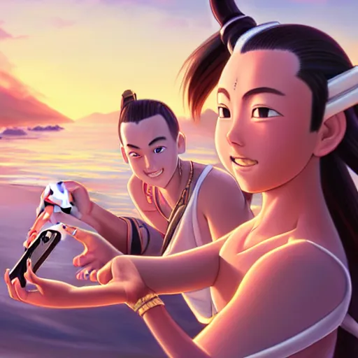 Image similar to beautiful serene intricate portrait of sokka and yue taking a selfie, smiling softly, relaxing on the beach, golden hour, soft focus, 8 k, art by irakli nadar, hyperrealism, hyperdetailed, ultra realistic