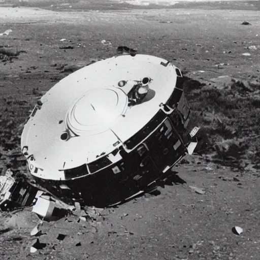 Image similar to film still of a crash landed spacecraft