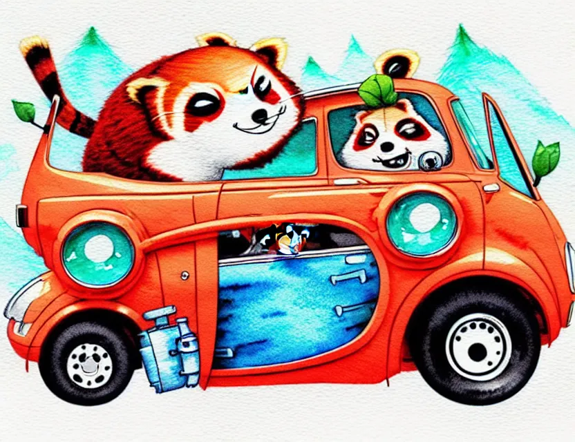 Image similar to cute and funny, red panda riding in a tiny hot rod with oversized engine, ratfink style by ed roth, centered award winning watercolor pen illustration, isometric illustration by chihiro iwasaki, edited by range murata, tiny details by artgerm and watercolor girl, symmetrically isometrically centered