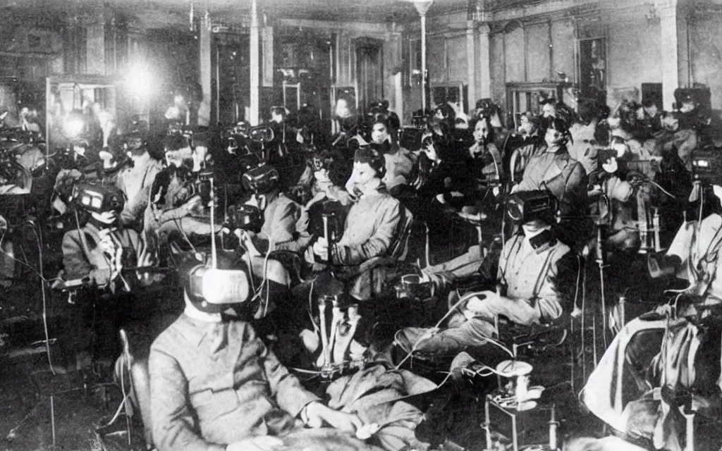 Prompt: 1 9 0 0 s photo of people using iphones ipods virtual reality headsets vr watching hd tv in a movie theater intravenous tube iv in their arms