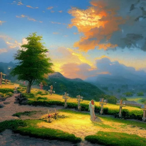 Prompt: painting of three crosses on calvary hill, miraculous cloudy backdrop, by Thomas Kinkade, wallpaper, hd