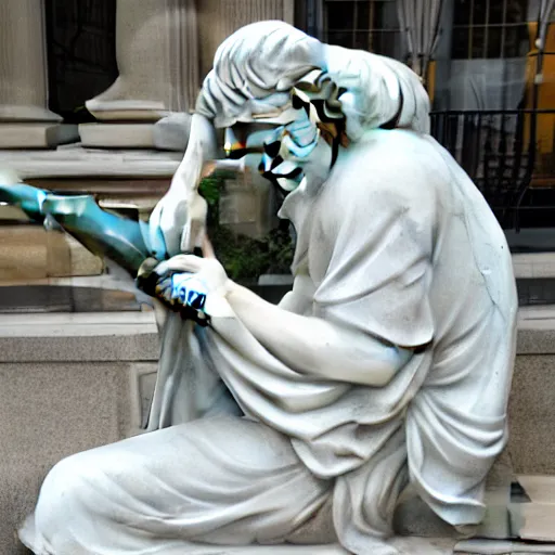 Image similar to a marble statue having trouble working on his laptop