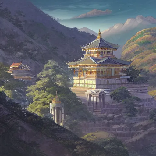 Prompt: concept art painting of a marble temple on top of a mountain, with greek and japanese architecture, overlooking a village in a valley, early morning, realistic, detailed, cel shaded, in the style of makoto shinkai and greg rutkowski and james gurney