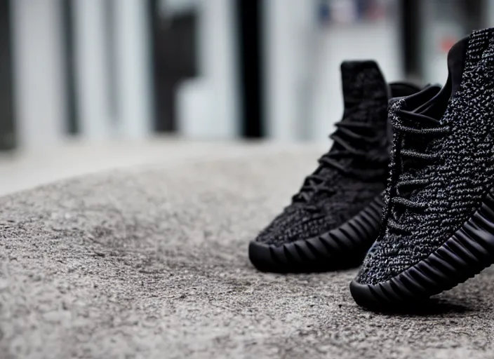 Image similar to product still of Black Panther signature Yeezys , black with silver panther teeth accents, 85mm f1.8