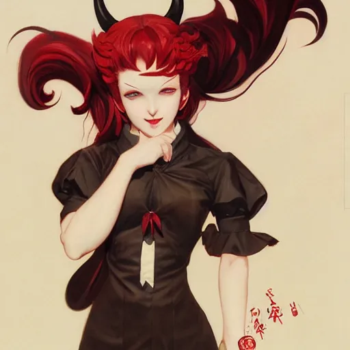 Image similar to a girl with red hair, red eyes, demon horns and a tail with a devious grin. By JC Leyendecker Phuoc Quan. Makoto shinkai