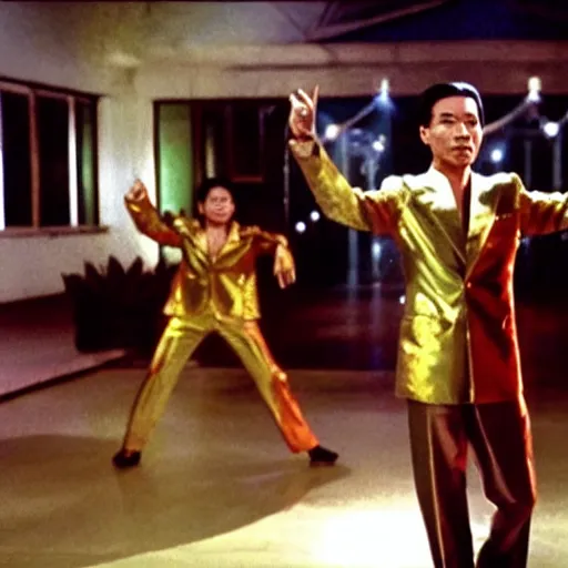 Image similar to A still of Ho Chi Minh wearing a disco suit in Saturday Night Fever