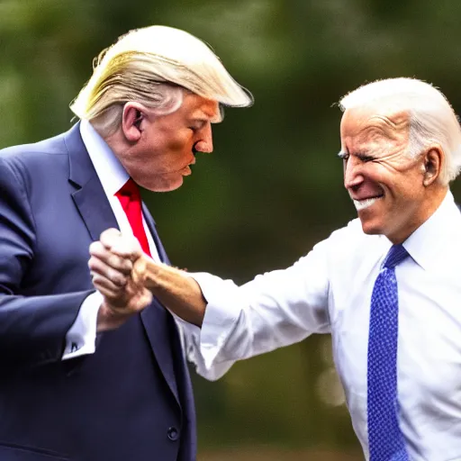 Prompt: donald trump karate chopping joe biden in the face on the white house lawn, detailed