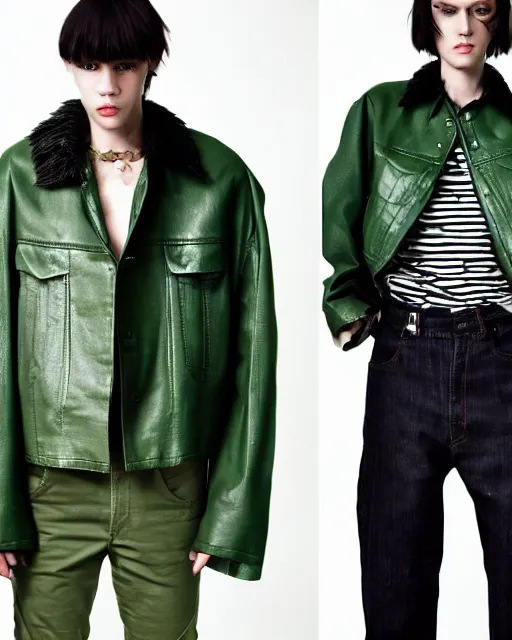 Prompt: a fashion editorial photo of a green extremely baggy cropped short ancient medieval designer menswear leather jacket with an oversized collar and baggy bootcut trousers designed by alexander mcqueen, 4 k, studio lighting, wide angle lens