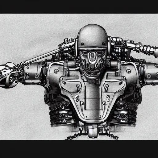 Image similar to technical drawing of a cyborg, black steel and metal, sketched in steampunk style, black ink, white paper, cinematic, hyper realistic, rendered, 8 k, old, fine details