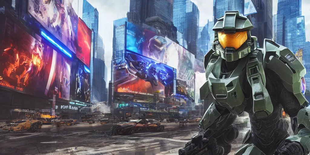 Prompt: master chief from halo in the middle of times square, realistic 4 k octane beautifully detailed render, 4 k post - processing, highly detailed, intricate complexity, epic composition, magical atmosphere, cinematic lighting, masterpiece, ultra hd