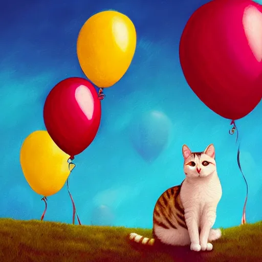 Image similar to a cat on top of a hill under a bunch of balloons, digital art by RHADS, shutterstock contest winner, digital art, behance hd, photoillustration, whimsical