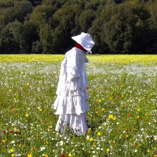 Prompt: a scarecrow wearing white clothes in a field of wildflowers. folk horror