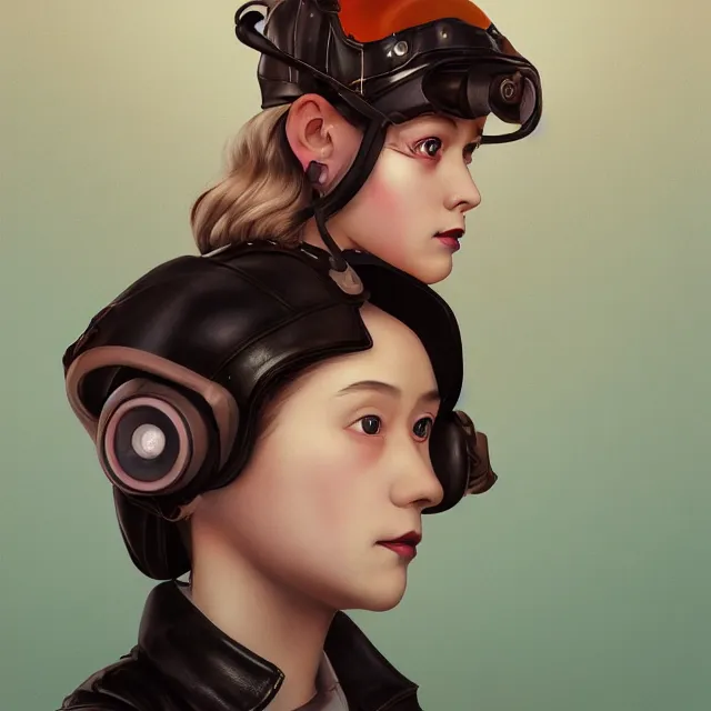 Prompt: highly detailed portrait of androgynous girl wearing bakelite leather jacket, bakelite rocky mountains, japanese haunted forest, by hsiao - ron cheng and artgerm, modular synthesizer helmet backpack, the grand budapest hotel, glow, no crop, digital art, artstation, pop art