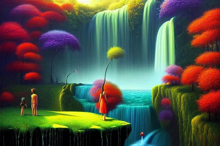 Prompt: surreal glimpse into other universe, waterfall, summer morning, very coherent and colorful high contrast, art by!!!! gediminas pranckevicius!!!!, greg hildebrandt, dark shadows, hard lighting