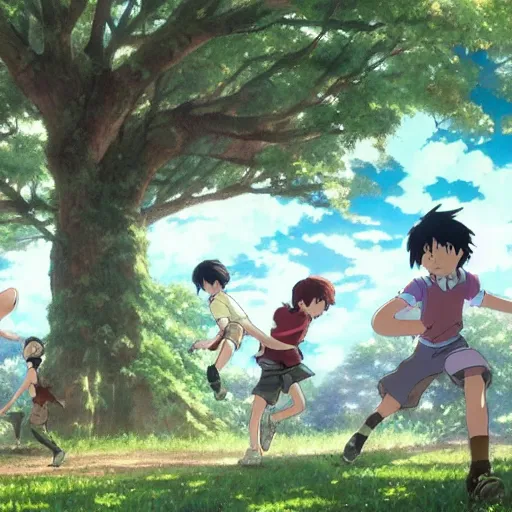 Image similar to The battle for the treehouse, kids trying to take a treehouse from another group of kids, by Dice Tsutsumi, Makoto Shinkai, Studio Ghibli