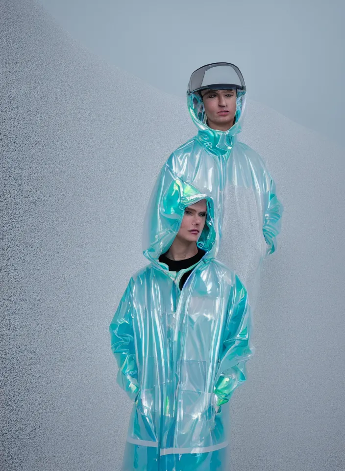 Prompt: an ultra high definition professional studio quality portrait photograph of a silver skinned android influencer wearing a transparent iridescent pastel coloured visor and matching wavey raincoat on white hook in a sheer icelandic black rock environment. three point light. dramatic lighting. volumetric shadows. light rays