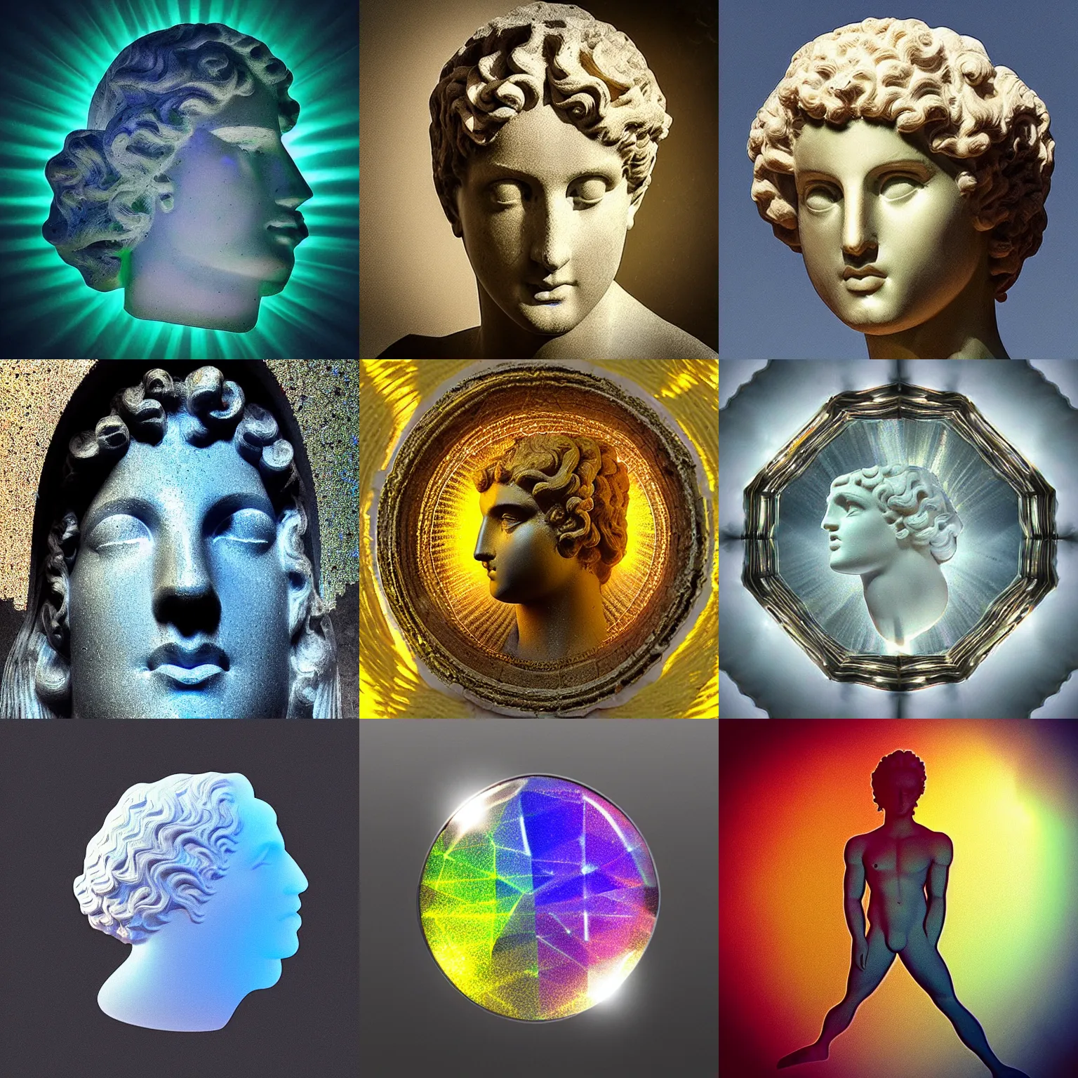 Prompt: “Translucent prism in the shape of a a Greek God Apollo, refraction, light rays shining through, 4k photo”