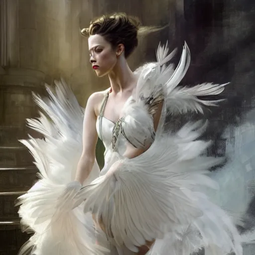 Prompt: hyperrealistic portrait of a woman as amber heard running down a staircase noir white swan dress wearing sapphire jewellery feather collar by jeremy mann and alphonse mucha, fantasy art, photo realistic, dynamic lighting, artstation, poster, volumetric lighting, very detailed faces, 4 k, award winning