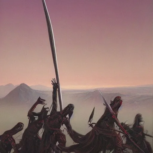 Prompt: fantasy sword concepts, painting by Wayne Douglas Barlowe ,