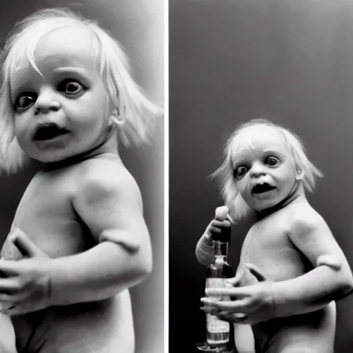 Prompt: Klaus Kinski dressed as a baby, a vodka bottle in his hands, medium shot, high quality photography, hyper detailed, hyper realistic