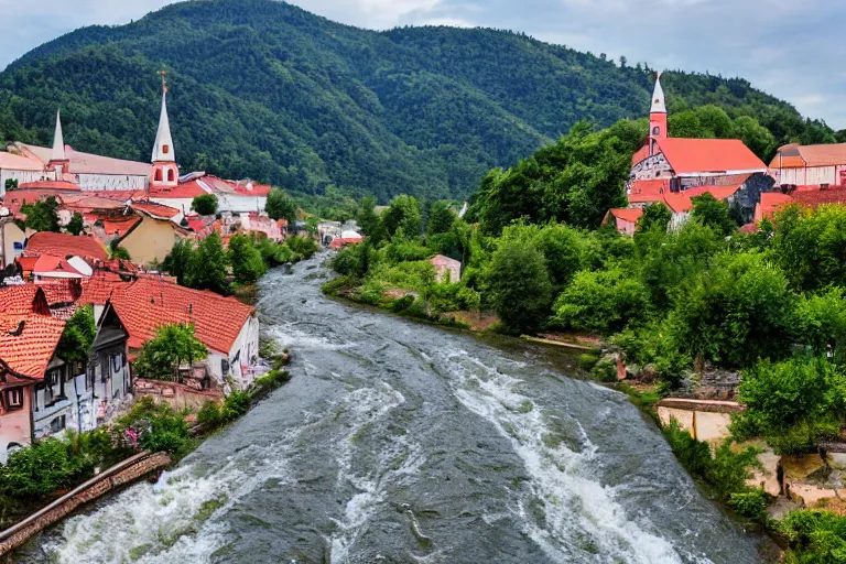 Prompt: a river flowing through an eastern european village, summer photo