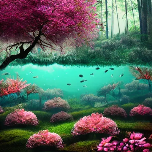 Image similar to ultra realistic beautiful underwater sakura forest clearing techno art