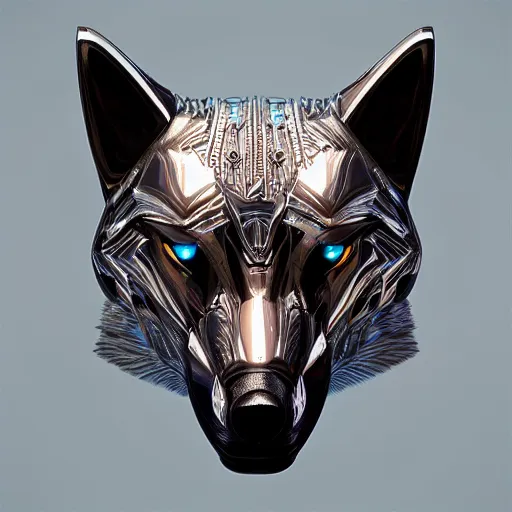 Image similar to chrome wolf, glossy, metallic, neon, symmetrical, tribal patterns, realistic, unreal engine, octane, redshift, artstation, behance