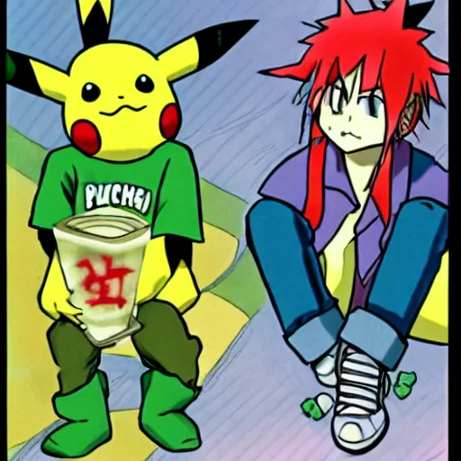 Prompt: pikachu and bulbasaur performing in a kurt Cobain grunge band, manga style, record label