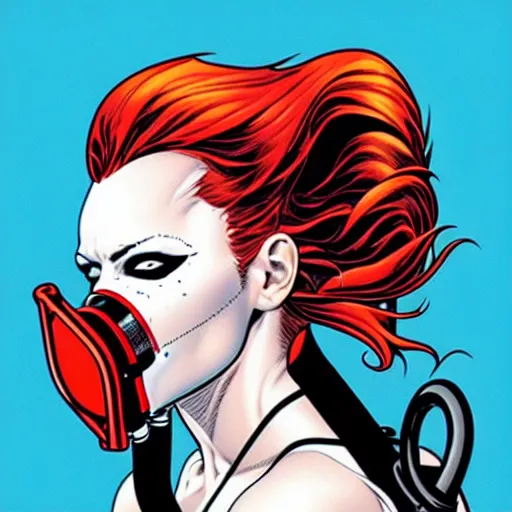 Image similar to a profile photo of a red head devil woman with a diving oxygen mask with side profile blood in ocean intricate details by MARVEL comics and Sandra Chevrier-C