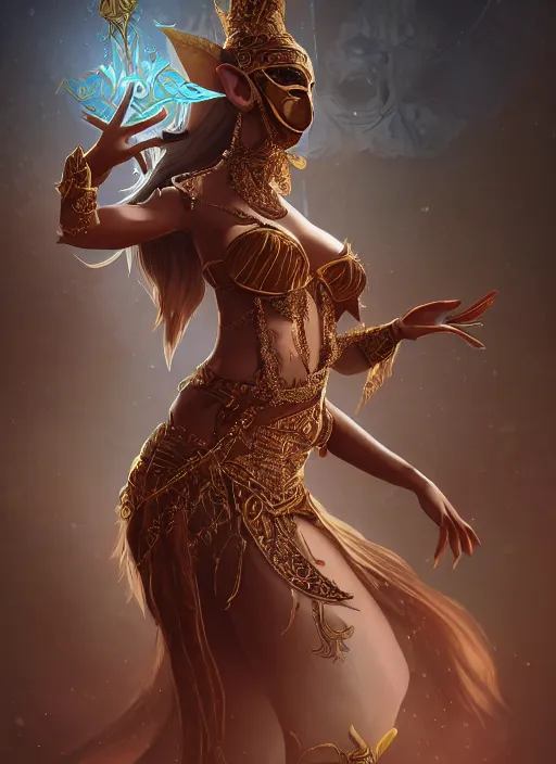 Image similar to a highly detailed illustration of a masked elegant elf arabian dancer, gracefully belly dancing pose, waving arms, intricate, elegant, highly detailed, centered, digital painting, artstation, concept art, smooth, sharp focus, league of legends concept art, WLOP