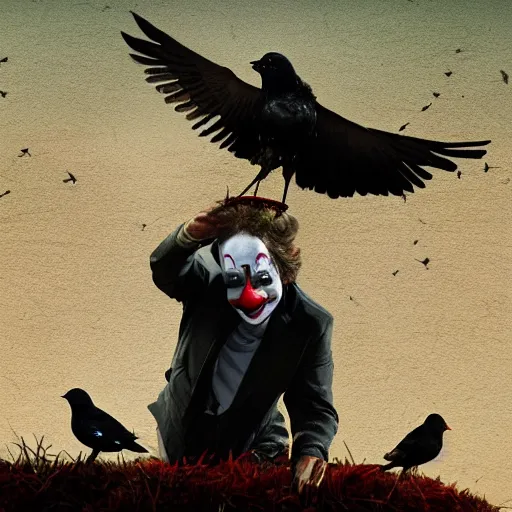 Prompt: A clown on the roof of the church playing with crows, futurist, digital art, dramatic lighting, symbolic