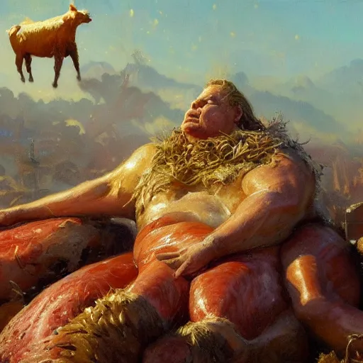 Image similar to farmers wanted to create a source of endless meat with magic, but they created a huge meaty pig - like something that destroys the farm, close - up, painting by gaston bussiere, craig mullins, j. c. leyendecker, 4 k, 8 k, trending on artstation, artstationhd, artstationhq, highest detail