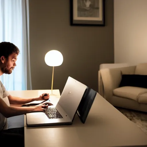 Image similar to Man alone on his computer in the living room of his apartment at night