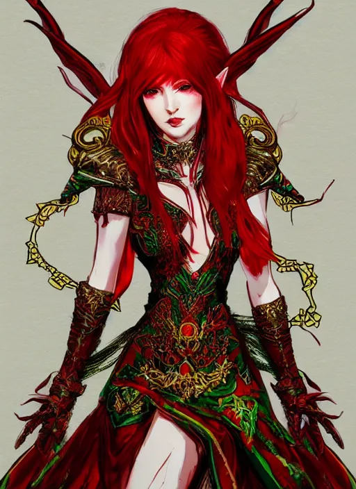 Image similar to Full body portrait of a beautiful red haired elven queen with haughty look, ominous aura wearing, red, green and gold ornate queen dress. In style of Yoji Shinkawa and Hyung-tae Kim, trending on ArtStation, dark fantasy, great composition, concept art, highly detailed.