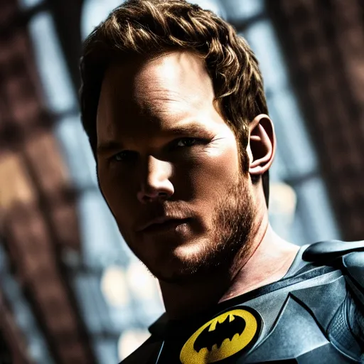 Image similar to Chris Pratt as Batman, film grain, EOS-1D, f/1.4, ISO 200, 1/160s, 8K, RAW, symmetrical balance, in-frame, Dolby Vision