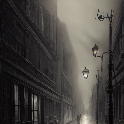 Image similar to victorian city street, dark, misty, at night, 8 k, detailed, concept art, trending on artstation