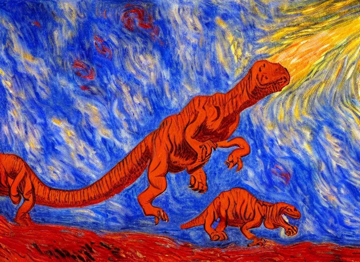 Prompt: painting of the extinction of the dinosaurs with asteroid and fire, in the style of claude monet and vincent van gogh, dramatic lighting red and blue