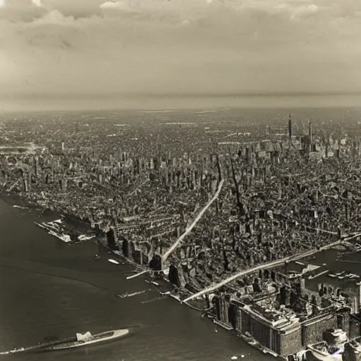 Prompt: aerial view of new york in 1940 with the sky full of zeppelins