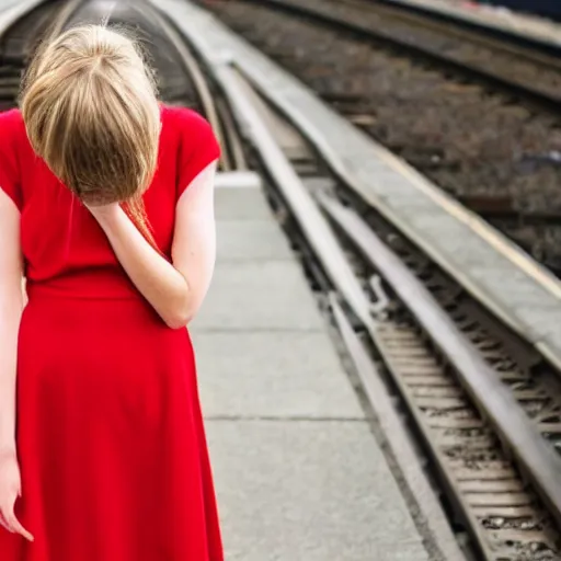 Image similar to girl in red dress standing on the train platform crying