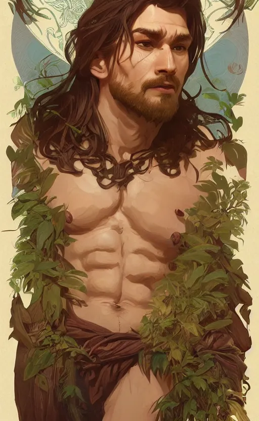 Image similar to god of the forest, 30 years old, rugged, male, gorgeous gorgeous gorgeous, detailed face face face face, amazing, thighs thighs thighs thighs, muscular, intricate, highly detailed, digital painting, artstation, concept art, sharp focus, illustration, by alphonse mucha