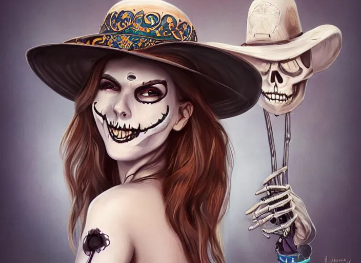 Image similar to cute & beautiful smiling undead skeleton girl wearing a sombrero, digital art, fantasy, painting, pin up, highly detailed, art by artgerm