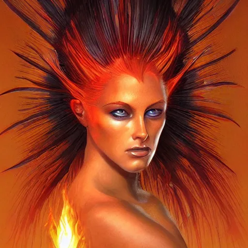 Prompt: A stunning portrait of a flame goddess by Jim Burns, fantasy, Trending on artstation.